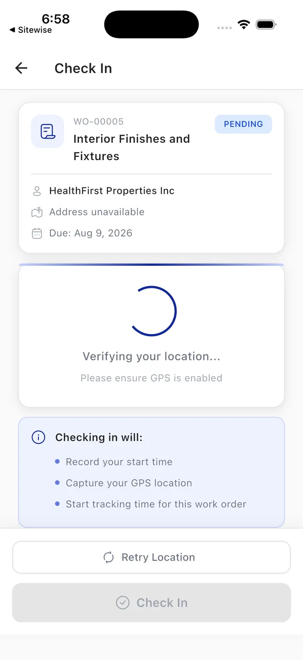 Sitewise mobile app checking in against GPS on a work order