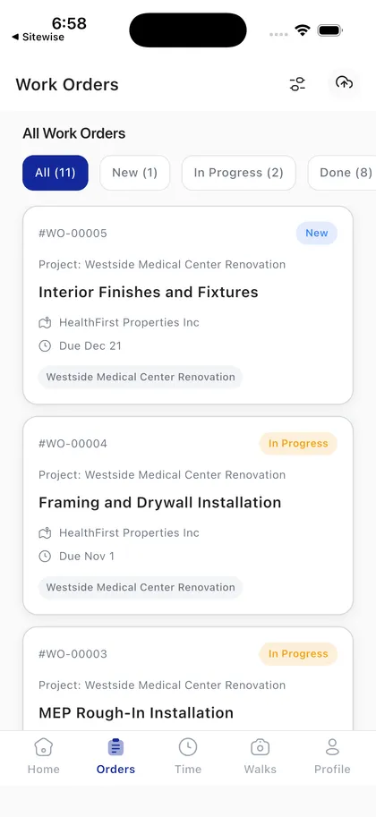 The Sitewise mobile app showing a crew member's work order queue